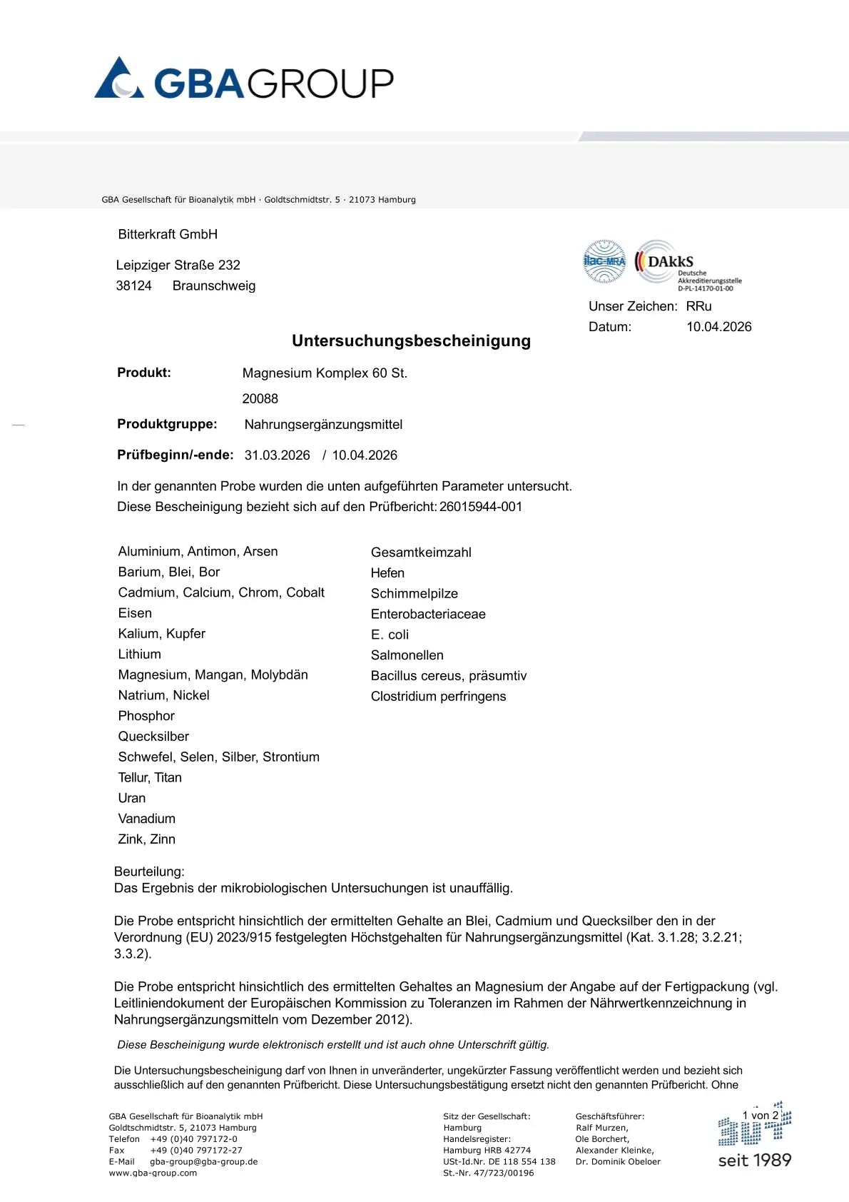 Bitterkraft Magnesium Komplex (60 Kapseln)