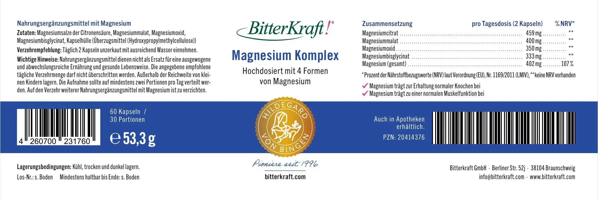 Bitterkraft Magnesium Komplex (60 Kapseln) Bitterkraft GmbH - Bitterkraft